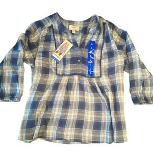 Wrangler Blue Plaid Peasant Top Tunic 3/4 Sleeve Size L NWT